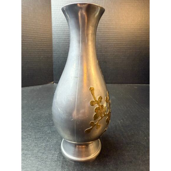 Vtg Metal Pewter w/Brass Floral Overlay Decorative Vase 8.5" Tall Hong Kong - Picture 4 of 8